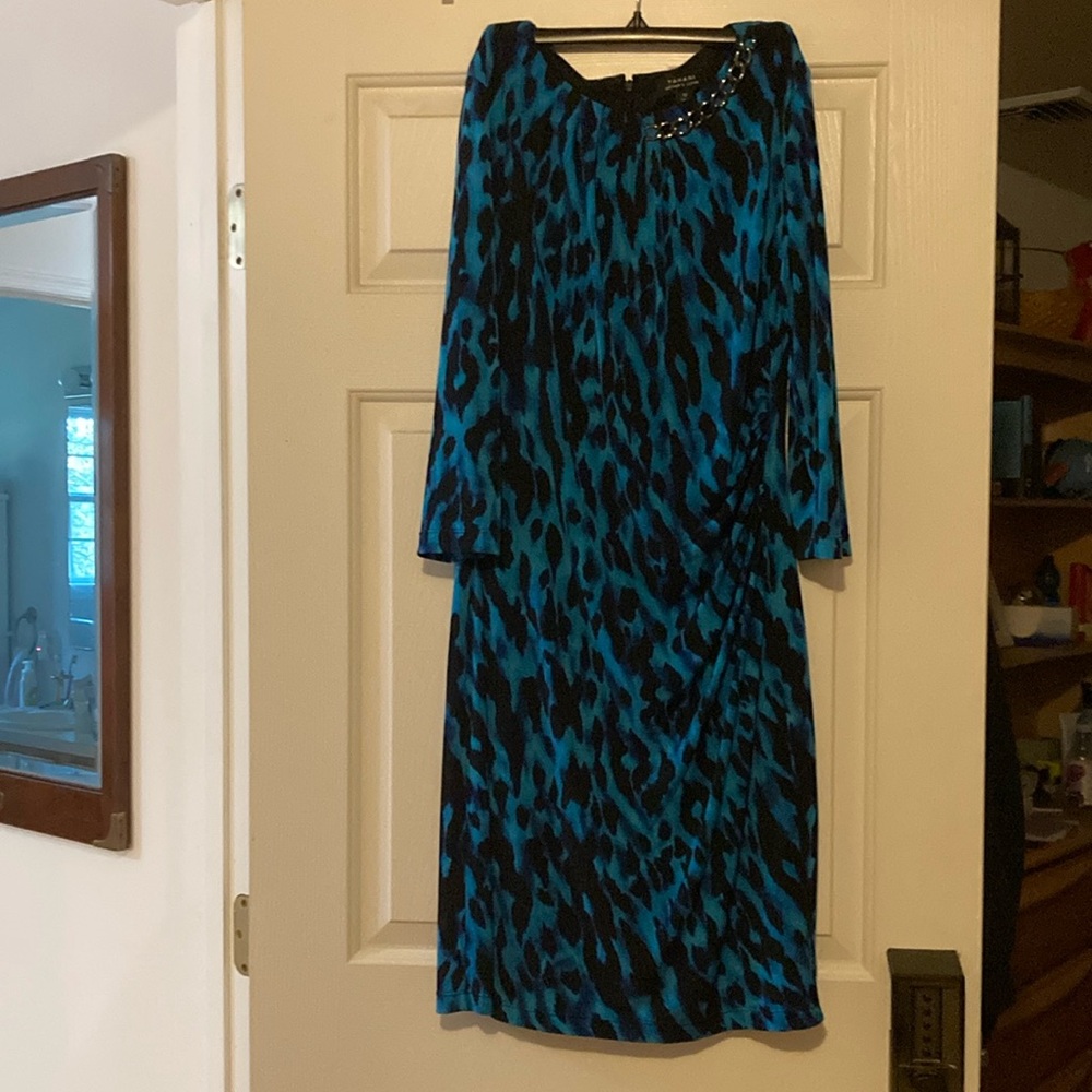 Tahari Blue and Black Long Sleeve Dress